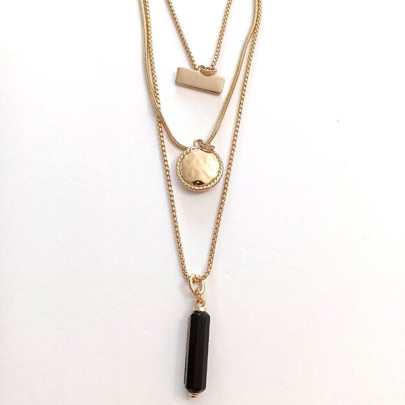 WHBM Gold Tone 3 Necklace In One Black Stone Pendants With Rhinestones NWT NEW - Picture 5 of 6
